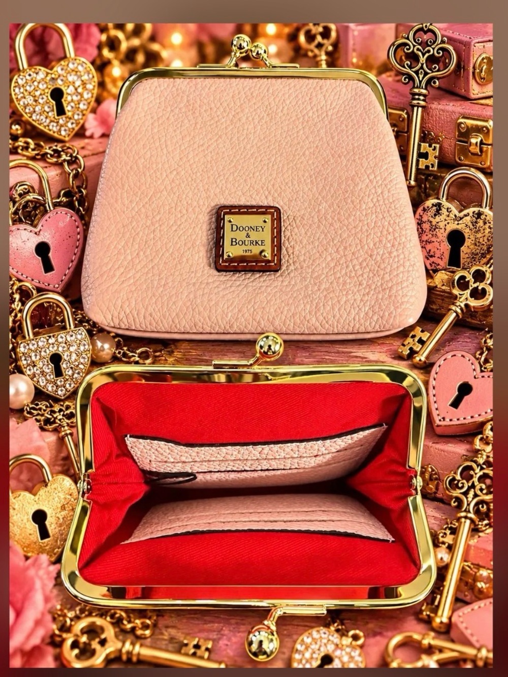 Dooney & Bourke Pink Leather Kiss-Lock Coin Purse with Gold Tone Frame